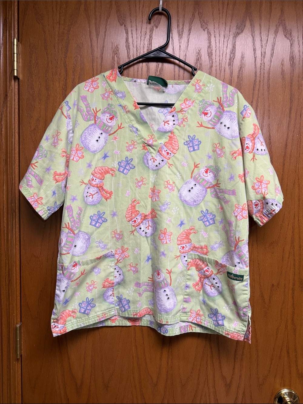 Uniform Advantage Snowman Print Pajama Top - Light Green with Pink and Purple
